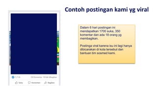 Contoh postingan kami yg viral
Dalam 6 hari postingan ini
mendapatkan 1700 suka, 350
komentar dan ada 18 orang yg
membagikan.
Postinga viral karena isu ini lagi hanya
dibicarakan di kota tersebut dan
bantuan tim sosmed kami.
 