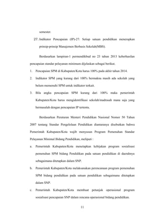 semester.
27. Indikator Pencapaian (IP)-27: Setiap satuan pendidikan menerapkan
prinsip-prinsip Manajemen Berbasis Sekolah(MBS).
Berdasarkan lampiran-1 permendikbud no 23 tahun 2013 keberhasilan
pencapaian standar pelayanan minimum dijelaskan sebagai berikut.
1. Pencapaian SPM di Kabupaten/Kota harus 100% pada akhir tahun 2014.
2. Indikator SPM yang kurang dari 100% bermakna masih ada sekolah yang
belum memenuhi SPM untuk indikator terkait.
3. Bila angka pencapaian SPM kurang dari 100% maka pemerintah
Kabupaten/Kota harus mengidentifikasi sekolah/madrasah mana saja yang
bermasalah dengan pencapaian IP tertentu.
Berdasarkan Peraturan Menteri Pendidikan Nasional Nomor 50 Tahun
2007 tentang Standar Pengelolaan Pendidikan diantaranya disebutkan bahwa
Pemerintah Kabupaten/Kota wajib menyusun Program Pemenuhan Standar
Pelayanan Minimal Bidang Pendidikan, meliputi :
a. Pemerintah Kabupaten/Kota menetapkan kebijakan program sosialisasi
pemenuhan SPM bidang Pendidikan pada satuan pendidikan di daerahnya
sebagaimana ditetapkan dalam SNP.
b. Pemerintah Kabupaten/Kota melaksanakan perencanaan program pemenuhan
SPM bidang pendidikan pada satuan pendidikan sebagaimana ditetapkan
dalam SNP.
c. Pemerintah Kabupaten/Kota membuat petunjuk operasional program
sosialisasi pencapaian SNP dalam rencana operasional bidang pendidikan.
11
 