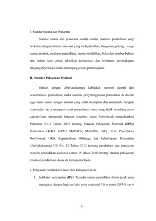 4. Standar Sarana dan Prasarana
Standar sarana dan prasarana adalah standar nasional pendidikan yang
berkaitan dengan kriteria minimal yang meliputi lahan, bangunan gedung, ruang-
ruang, perabot, peralatan pendidikan, media pendidikan, buku dan sumber belajar
lain, bahan habis pakai, teknologi komunikasi dan informasi, perlengkapan
lainyang diperlukan untuk menunjang proses pembelajaran.
B. Standar Pelayanan Minimal
Sejalan dengan diberlakukannya kebijakan otonomi daerah dan
desentralisasi pendidikan, maka kualitas penyelenggaraan pendidikan di daerah
juga harus sesuai dengan standar yang telah ditetapkan dan memenuhi harapan
masyarakat serta mengantisipasi penyebaran mutu yang tidak seimbang antar
daerah.Guna memenuhi harapan tersebut, maka Pemerintah mengeluarkan
Peraturan No.3 Tahun 2005 tentang Standar Pelayanan Minimal (SPM)
Pendidikan TK/RA, SD/MI, SMP/MTs, SMA/MA, SMK, SLB, Pendidikan
NonFormal, UKS, Kepemudaan, Olahraga, dan Kebudayaan. Kemudian
diberlakukannya UU No. 23 Tahun 2013 tentang perubahan atas peraturan
menteri pendidikan nasional nomor 15 tahun 2010 tentang standar pelayanan
minimal pendidikan dasar di Kabupaten/Kota.
a. Pelayanan Pendidikan Dasar oleh Kabupaten/Kota
1. Indikator pencapaian (IP)-1:Tersedia satuan pendidikan dalam jarak yang
terjangkau dengan berjalan kaki yaitu maksimal 3 Km untuk SD/MI dan 6
6
 