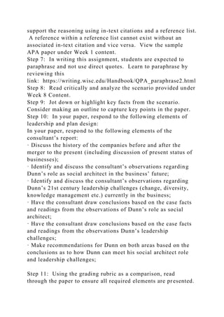 support the reasoning using in-text citations and a reference list.
A reference within a reference list cannot exist without an
associated in-text citation and vice versa. View the sample
APA paper under Week 1 content.
Step 7: In writing this assignment, students are expected to
paraphrase and not use direct quotes. Learn to paraphrase by
reviewing this
link: https://writing.wisc.edu/Handbook/QPA_paraphrase2.html
Step 8: Read critically and analyze the scenario provided under
Week 8 Content.
Step 9: Jot down or highlight key facts from the scenario.
Consider making an outline to capture key points in the paper.
Step 10: In your paper, respond to the following elements of
leadership and plan design:
In your paper, respond to the following elements of the
consultant’s report:
· Discuss the history of the companies before and after the
merger to the present (including discussion of present status of
businesses);
· Identify and discuss the consultant’s observations regarding
Dunn’s role as social architect in the business’ future;
· Identify and discuss the consultant’s observations regarding
Dunn’s 21st century leadership challenges (change, diversity,
knowledge management etc.) currently in the business;
· Have the consultant draw conclusions based on the case facts
and readings from the observations of Dunn’s role as social
architect;
· Have the consultant draw conclusions based on the case facts
and readings from the observations Dunn’s leadership
challenges;
· Make recommendations for Dunn on both areas based on the
conclusions as to how Dunn can meet his social architect role
and leadership challenges;
Step 11: Using the grading rubric as a comparison, read
through the paper to ensure all required elements are presented.
 