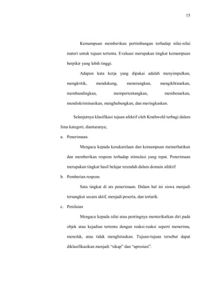 15 
Kemampuan memberikan pertimbangan terhadap nilai-nilai materi untuk tujuan tertentu. Evaluasi merupakan tingkat kemampuan berpikir yang lebih tinggi. 
Adapun kata kerja yang dipakai adalah menyimpulkan, mengkritik, mendukung, menerangkan, mengikhtisarkan, membandingkan, mempertentangkan, membenarkan, mendiskriminasikan, menghubungkan, dan meringkaskan. 
Selanjutnya klasifikasi tujuan afektif oleh Krathwohl terbagi dalam lima kategori, diantaranya; 
a. Penerimaan. 
Mengacu kepada kesukarelaan dan kemampuan memerhatikan dan memberikan respons terhadap stimulasi yang tepat. Penerimaan merupakan tingkat hasil belajar terendah dalam domain afektif 
b. Pemberian respons 
Satu tingkat di ats penerimaan. Dalam hal ini siswa menjadi tersangkut secara aktif, menjadi peserta, dan tertarik. 
c. Penilaian 
Mengacu kepada nilai atau pentingnya menterikatkan diri pada objek atau kejadian tertentu dengan reaksi-reaksi seperti menerima, menolak, atau tidak menghiraukan. Tujuan-tujuan tersebut dapat diklasifikasikan menjadi “sikap” dan “apresiasi”.  