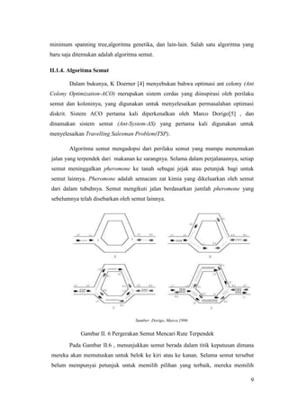 minimum spanning tree,algoritma genetika, dan lain-lain. Salah satu algoritma yang
baru saja ditemukan adalah algoritma semut.

II.1.4. Algoritma Semut

        Dalam bukunya, K Doerner [4] menyebukan bahwa optimasi ant colony (Ant
Colony Optimization-ACO) merupakan sistem cerdas yang diinspirasi oleh perilaku
semut dan koloninya, yang digunakan untuk menyelesaikan permasalahan optimasi
diskrit. Sistem ACO pertama kali diperkenalkan oleh Marco Dorigo[5] , dan
dinamakan sistem semut (Ant-System-AS) yang pertama kali digunakan untuk
menyelesaikan Travelling Salesman Problem(TSP).

        Algoritma semut mengadopsi dari perilaku semut yang mampu menemukan
jalan yang terpendek dari makanan ke sarangnya. Selama dalam perjalanannya, setiap
semut meninggalkan pheromone ke tanah sebagai jejak atau petunjuk bagi untuk
semut lainnya. Pheromone adalah semacam zat kimia yang dikeluarkan oleh semut
dari dalam tubuhnya. Semut mengikuti jalan berdasarkan jumlah pheromone yang
sebelumnya telah disebarkan oleh semut lainnya.




                                   Sumber: Dorigo, Marco,1996


            Gambar II. 6 Pergerakan Semut Mencari Rute Terpendek
        Pada Gambar II.6 , menunjukkan semut berada dalam titik keputusan dimana
mereka akan memutuskan untuk belok ke kiri atau ke kanan. Selama semut tersebut
belum mempunyai petunjuk untuk memilih pilihan yang terbaik, mereka memilih

                                                                                9
 