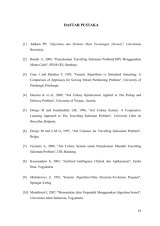 DAFTAR PUSTAKA



[1]   Adikara PP, "Algoritma dan Struktur Data Perulangan (Iterasi)", Universitas
      Brawijaya

[2]   Basuki A, 2004, "Penyelesaian Travelling Salesman Problem(TSP) Menggunakan
      Monte Carlo", PENS-ITS, Surabaya.

[3]   Cane J and Manikas T, 1995, "Genetic Algorithms vs Simulated Annealing: A
      Comparison of Approaces for Solving Sirkuit Partitioning Problem", University of
      Pittsburgh, Pittsburgh.

[4]   Doerner K et al., 2000, "Ant Colony Optimization Applied to The Pickup and
      Delivery Problem", University of Vienna , Austria.

[5]   Dorigo M and Gambardella LM, 1996, "Ant Colony System: A Cooperative
      Learning Approach to The Travelling Salesman Problem", Universite Libre de
      Bruxelles, Belgium.

[6]   Dorigo M and L.M G, 1997, "Ant Colonies for Travelling Salessman Problem",
      Belgia.

[7]   Feryanto A, 2009, "Ant Colony System untuk Penyelesaian Masalah Travelling
      Salesman Problem", ITB, Bandung.

[8]   Kusumadewi S, 2003, "Artificial Intelligence (Teknik dan Aplikasinya)", Graha
      Ilmu, Yogyakarta.


[9]   Michalewicz Z, 1992, "Genetic Algorithm+Data Structure=Evolution Program",
      Springer-Verlag

[10] Mutakhiroh I, 2007, "Menentukan Jalur Terpendek Menggunakan Algoritma Semut",
      Universitas Islam Indonesia, Yogyakarta.



                                                                                   19
 