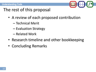 15
The rest of this proposal
• A review of each proposed contribution
– Technical Merit
– Evaluation Strategy
– Related Work
• Research timeline and other bookkeeping
• Concluding Remarks
 
