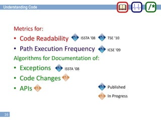 16
Metrics for:
• Code Readability
• Path Execution Frequency
Algorithms for Documentation of:
• Exceptions
• Code Changes
• APIs Published
In Progress
ISSTA ‘08
ICSE ‘09
ISSTA ‘08 TSE ‘10
 