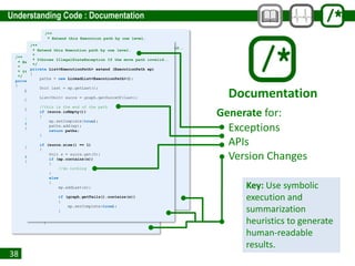 38
/**
* Extend this Execution path by one level.
*
* @throws IllegalStateException If the move path invalid..
*/
private List<ExecutionPath> extend (ExecutionPath ep)
{
paths = new LinkedList<ExecutionPath>();
Unit last = ep.getLast();
List<Unit> succs = graph.getSuccsOf(last);
//this is the end of the path
if (succs.isEmpty())
{
ep.setComplete(true);
paths.add(ep);
return paths;
}
if (succs.size() == 1)
{
Unit s = succs.get(0);
if (ep.contains(s))
{
//do nothing
}
else
{
ep.addLast(s);
if (graph.getTails().contains(s))
{
ep.setComplete(true);
}
Documentation
Exceptions
APIs
Generate for:
/**
* Extend this Execution path by one level.
*
* @throws IllegalStateException If the move path invalid..
*/
private List<ExecutionPath> extend (ExecutionPath ep)
{
paths = new LinkedList<ExecutionPath>();
Unit last = ep.getLast();
List<Unit> succs = graph.getSuccsOf(last);
//this is the end of the path
if (succs.isEmpty())
{
ep.setComplete(true);
paths.add(ep);
return paths;
}
if (succs.size() == 1)
{
Unit s = succs.get(0);
if (ep.contains(s))
{
//do nothing
}
else
{
ep.addLast(s);
if (graph.getTails().contains(s))
{
ep.setComplete(true);
}
Version Changes
Key: Use symbolic
execution and
summarization
heuristics to generate
human-readable
results.
/**
* Extend this Execution path by one level.
*
* @throws IllegalStateException If the move path invalid..
*/
private List<ExecutionPath> extend (ExecutionPath ep)
{
paths = new LinkedList<ExecutionPath>();
Unit last = ep.getLast();
List<Unit> succs = graph.getSuccsOf(last);
//this is the end of the path
if (succs.isEmpty())
{
ep.setComplete(true);
paths.add(ep);
return paths;
}
if (succs.size() == 1)
{
Unit s = succs.get(0);
if (ep.contains(s))
{
//do nothing
}
else
{
ep.addLast(s);
if (graph.getTails().contains(s))
{
ep.setComplete(true);
}
 