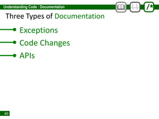 40
Three Types of Documentation
• Exceptions
• Code Changes
• APIs
 