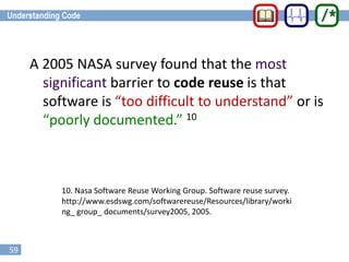 59
A 2005 NASA survey found that the most
significant barrier to code reuse is that
software is “too difficult to understand” or is
“poorly documented.” 10
10. Nasa Software Reuse Working Group. Software reuse survey.
http://www.esdswg.com/softwarereuse/Resources/library/worki
ng_ group_ documents/survey2005, 2005.
 