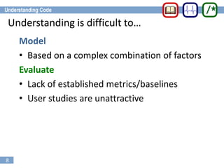 8
Understanding is difficult to…
Model
• Based on a complex combination of factors
Evaluate
• Lack of established metrics/baselines
• User studies are unattractive
 