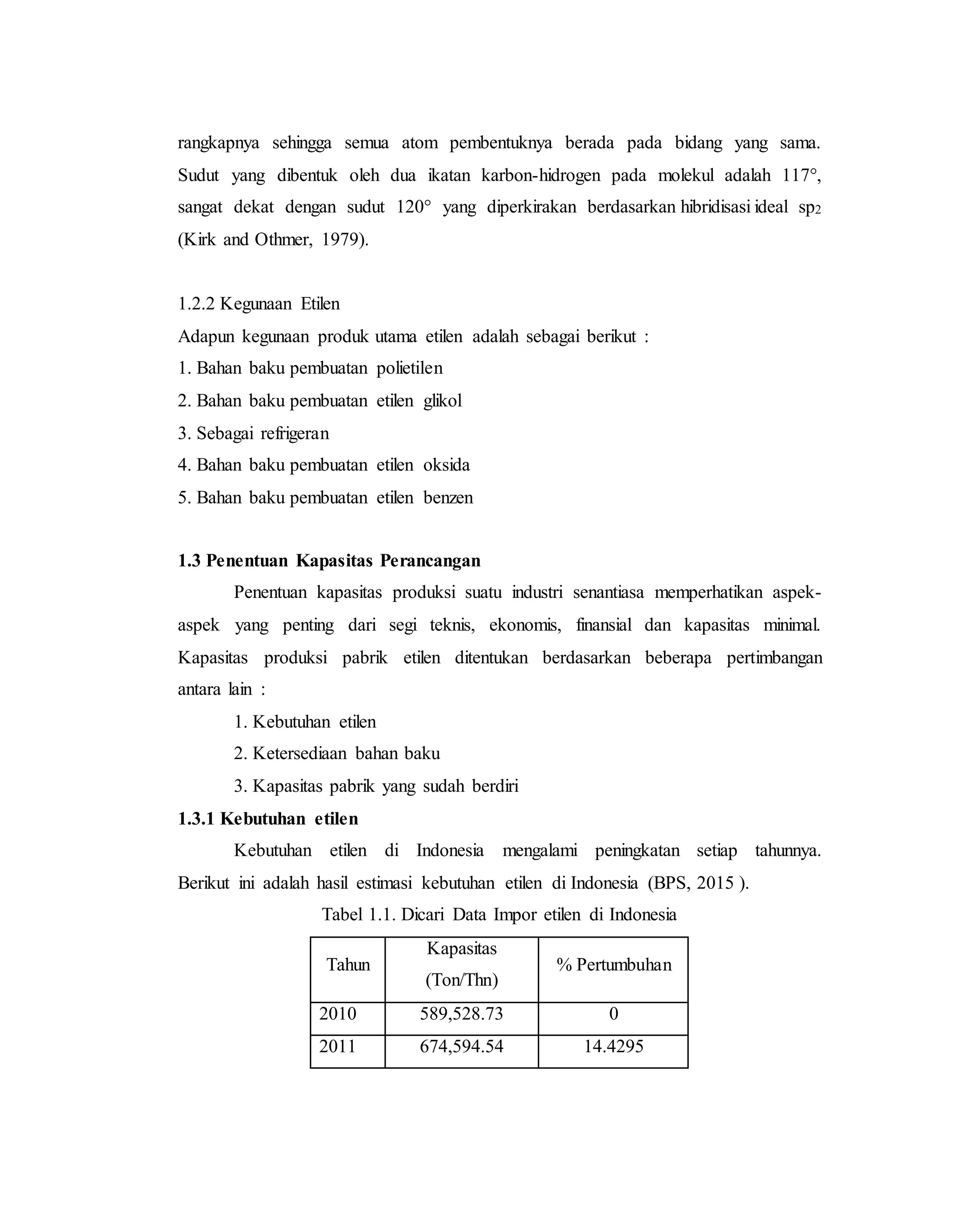 rangkapnya sehingga semua atom pembentuknya berada pada bidang yang sama.
Sudut yang dibentuk oleh dua ikatan karbon-hidrogen pada molekul adalah 117°,
sangat dekat dengan sudut 120° yang diperkirakan berdasarkan hibridisasi ideal sp2
(Kirk and Othmer, 1979).
1.2.2 Kegunaan Etilen
Adapun kegunaan produk utama etilen adalah sebagai berikut :
1. Bahan baku pembuatan polietilen
2. Bahan baku pembuatan etilen glikol
3. Sebagai refrigeran
4. Bahan baku pembuatan etilen oksida
5. Bahan baku pembuatan etilen benzen
1.3 Penentuan Kapasitas Perancangan
Penentuan kapasitas produksi suatu industri senantiasa memperhatikan aspek-
aspek yang penting dari segi teknis, ekonomis, finansial dan kapasitas minimal.
Kapasitas produksi pabrik etilen ditentukan berdasarkan beberapa pertimbangan
antara lain :
1. Kebutuhan etilen
2. Ketersediaan bahan baku
3. Kapasitas pabrik yang sudah berdiri
1.3.1 Kebutuhan etilen
Kebutuhan etilen di Indonesia mengalami peningkatan setiap tahunnya.
Berikut ini adalah hasil estimasi kebutuhan etilen di Indonesia (BPS, 2015 ).
Tabel 1.1. Dicari Data Impor etilen di Indonesia
Tahun
Kapasitas
(Ton/Thn)
% Pertumbuhan
2010 589,528.73 0
2011 674,594.54 14.4295
 