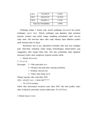 2012 716,584.95 6.2245
2013 628,278.39 -12.3233
2014 636,892.11 1.3710
Rata-rata Pertumbuhan 1.9404
Perhitungan dengan 2 metode yaitu, metode perhitungan discounted dan metode
perhitungan regresi linier. Metode perhitungan yang digunakan untuk penentuan
kapasitas produksi suatu pabrik dengan menghitung pertumbuhan impor rata-rata
setiap tahun. Dari data-data impor etilen setiap tahunnya dapat dilakukan prediksi
untuk beberapa tahun ke depan.
Berdasarkan data di atas, diperkirakan kebutuhan etilen akan terus meningkat
pada tahun-tahun mendatang sejalan dengan berkembangnya industri-industri yang
menggunakan etilen sebagai bahan baku. Dari data pertumbuhan dapat digunakan
persamaan berikut untuk menghitung kapasitas produksi pabrik.
1. Metode Discounted
F = P x (1+i)n
Keterangan: F = Nilai pada tahun ke-n
P = Besarnya data pada tahun sekarang (ton/tahun)
i = Kenaikan data rata-rata
n = Selisih tahun (tahun ke-n)
Peluang kapasitas etilen pada tahun 2020:
2020 = 636,892.11x(1+ 1.9404/100)2020-2015
= 701,128.36 ton/tahun
Pabrik etilen direncanakan beroperasi pada tahun 2020. Dari hasil prediksi, impor
etilen di Indonesia pada tahun tersebut adalah tahun 701,128.36 ton.
2. Metode Regresi Linier
 
