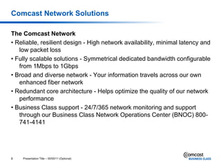 Comcast Network Solutions

The Comcast Network
• Reliable, resilient design - High network availability, minimal latency and
   low packet loss
• Fully scalable solutions - Symmetrical dedicated bandwidth configurable
   from 1Mbps to 1Gbps
• Broad and diverse network - Your information travels across our own
   enhanced fiber network
• Redundant core architecture - Helps optimize the quality of our network
   performance
• Business Class support - 24/7/365 network monitoring and support
   through our Business Class Network Operations Center (BNOC) 800-
   741-4141




3   Presentation Title – 00/00/11 (Optional)
 