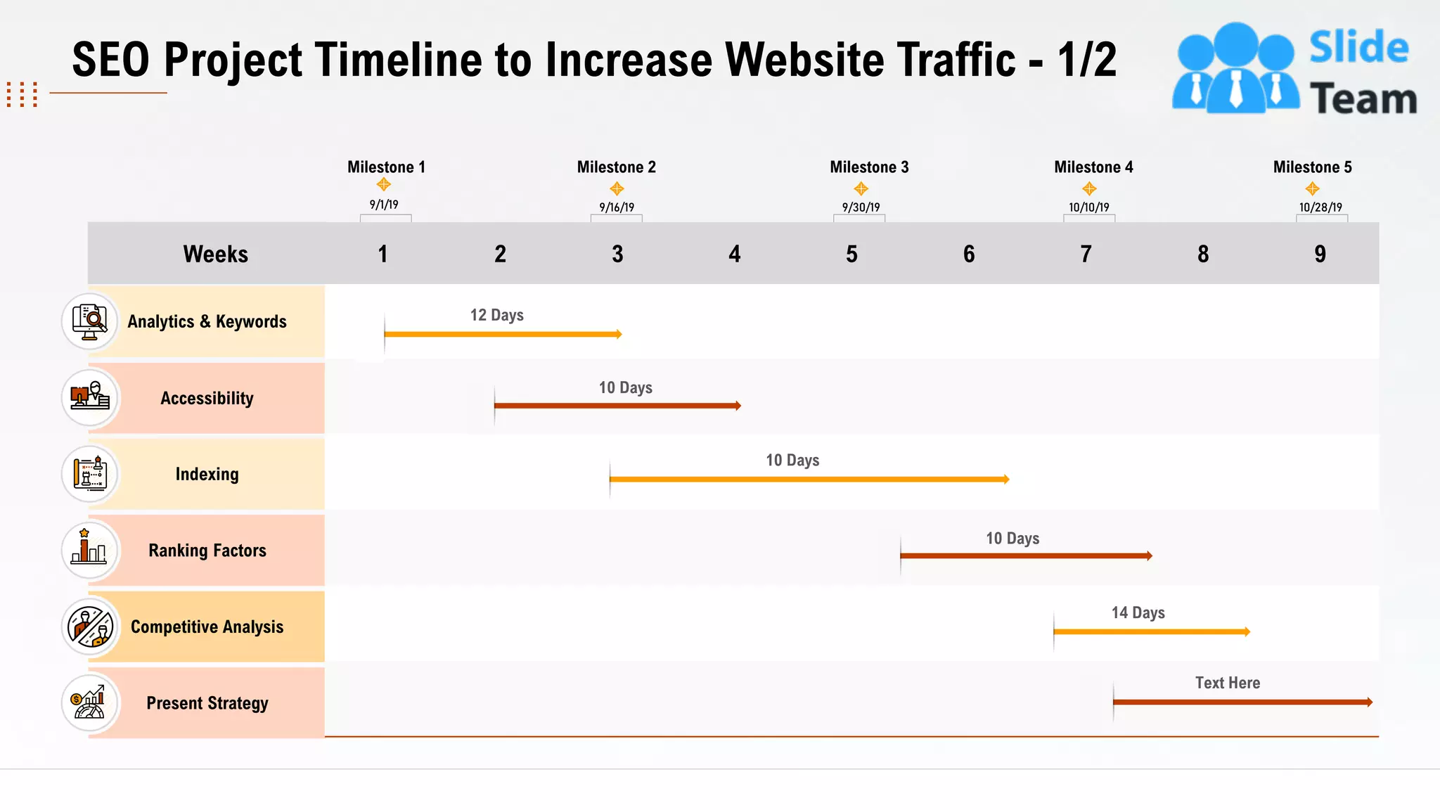 SEO Project Timeline to Increase Website Traffic - 1/2
Milestone 1
9/1/19 9/16/19
Milestone 2
9/30/19
Milestone 3
10/10/19
Milestone 4
10/28/19
Milestone 5
Weeks
Analytics & Keywords
Accessibility
Indexing
Ranking Factors
Competitive Analysis
Present Strategy
This slide is 100% editable. Adapt it to your needs and capture your audience's attention.
1 2 3 4 5 6 7 8 9
12 Days
10 Days
10 Days
10 Days
14 Days
Text Here
11
 