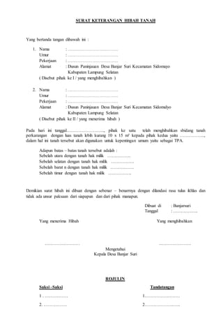 SURAT KETERANGAN HIBAH TANAH 
Yang bertanda tangan dibawah ini : 
1. Nama : …………………………………… 
Umur : …………………………………… 
Pekerjaan : …………………………………… 
Alamat : Dusun Paninjauan Desa Banjar Suri Kecamatan Sidomuyo 
Kabupaten Lampung Selatan 
( Disebut pihak ke I / yang menghibahkan ) 
2. Nama : …………………………………… 
Umur : …………………………………… 
Pekerjaan : …………………………………… 
Alamat : Dusun Paninjauan Desa Banjar Suri Kecamatan Sidomulyo 
Kabupaten Lampung Selatan 
( Disebut pihak ke II / yang menerima hibah ) 
Pada hari ini tanggal…………………….., pihak ke satu telah menghibahkan sbidang tanah 
perkarangan dengan luas tanah lebih kurang 10 x 15 m² kepada pihak kedua yaitu …………….., 
dalam hal ini tanah tersebut akan digunakan untuk kepentingan umum yaitu sebagai TPA. 
Adapun batas – batas tanah tersebut adalah : 
Sebelah utara dengan tanah hak milik ……………. 
Sebelah selatan dengan tanah hak milik ……………. 
Sebelah barat n dengan tanah hak milik ……………. 
Sebelah timur dengan tanah hak milik ……………. 
Demikian surat hibah ini dibuat dengan sebenar – benarrnya dengan dilandasi rasa tulus ikhlas dan 
tidak ada unsur paksaan dari siapapun dan dari pihak manapun. 
Dibuat di : Banjarsuri 
Tanggal : …………….. 
Yang menerima Hibah Yang menghibahkan 
…………………… …………………. 
Mengetahui 
Kepala Desa Banjar Suri 
ROJULIN 
Saksi –Saksi Tandatangan 
1 . ……….…… 1…………………… 
2. ……………. 2………………..….. 
 