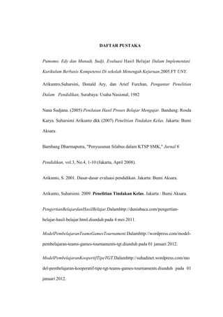DAFTAR PUSTAKA


Pumomo. Edy dan Munadi, Sudji. Evaluasi Hasil Belajar Dalam Implementasi

Kurikulum Berbasis Kompetensi Di sekolah Menengah Kejuruan.2005.FT UNY.

Arikuntro,Suharsini, Donald Ary, dan Arief Furchan, Pengantar Penelitian

Dalam Pendidikan, Surabaya: Usaha Nasional, 1982


Nana Sudjana. (2005) Penilaian Hasil Proses Belajar Mengajar. Bandung: Rosda

Karya. Suharsimi Arikunto dkk (2007) Penelitian Tindakan Kelas. Jakarta: Bumi

Aksara.


Bambang Dharmaputra, "Penyusunan Silabus dalam KTSP SMK," Jurnal 8


Pendidikan, vol.3, No.4, 1-10 (Jakarta, April 2008).


Arikunto, S. 2001. Dasar-dasar evaluasi pendidikan. Jakarta: Bumi Aksara.


Arikunto, Suharsimi. 2009. Penelitian Tindakan Kelas. Jakarta : Bumi Aksara.


PengertianBelajardanHasilBelajar.Dalamhttp://duniabaca.com/pengertian-

belajar-hasil-belajar.html.diunduh pada 4 mei 2011.


ModelPembelajaranTeamsGamesTournament.Dalamhttp://wordpress.com/model-

pembelajaran-teams-games-tournaments-tgt.diunduh pada 01 januari 2012.


ModelPembelajaranKoopertifTipeTGT.Dalamhttp://suhadinet.wordpress.com/mo

del-pembelajaran-kooperatif-tipe-tgt-teams-games-tournaments.diunduh pada 01

januari 2012.
 
