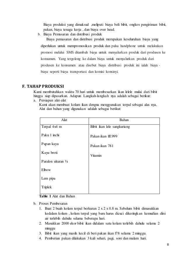 Proposal usaha Pembesaran bibit ikan lele unggul