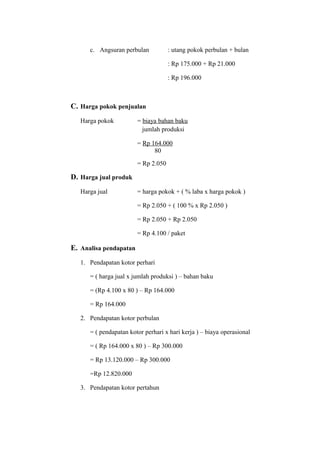 c. Angsuran perbulan           : utang pokok perbulan + bulan

                                     : Rp 175.000 + Rp 21.000

                                     : Rp 196.000



C. Harga pokok penjualan
   Harga pokok          = biaya bahan baku
                          jumlah produksi

                        = Rp 164.000
                              80
                        = Rp 2.050

D. Harga jual produk
   Harga jual           = harga pokok + ( % laba x harga pokok )

                        = Rp 2.050 + ( 100 % x Rp 2.050 )

                        = Rp 2.050 + Rp 2.050

                        = Rp 4.100 / paket

E. Analisa pendapatan
   1. Pendapatan kotor perhari

      = ( harga jual x jumlah produksi ) – bahan baku

      = (Rp 4.100 x 80 ) – Rp 164.000

      = Rp 164.000

   2. Pendapatan kotor perbulan

      = ( pendapatan kotor perhari x hari kerja ) – biaya operasional

      = ( Rp 164.000 x 80 ) – Rp 300.000

      = Rp 13.120.000 – Rp 300.000

      =Rp 12.820.000

   3. Pendapatan kotor pertahun
 