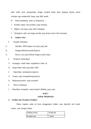 tidak stabil, kami menyiasatinya dengan membeli bahan baku langsung kepada petani
setempat agar memperoleh harga yang lebih murah.
B. Faktor pendukung usaha ini diantaranya :
1. Kondisi tempat, dan peralatan yang memadai
2. Higienis dan harga yang relatif terjangkau
3. Merupakan salah satu bagian produk yang banyak dicari oleh konsumen.
F. Analisis Swot
 Strength (kekuatan)
1) Memiliki SDM dengan etos kerja yang baik.
2) Hargaprodukekonomisdanhigienis
3) Inovasi rasa yang berbeda dengan produk lainya.
 Weakness (kelemahan)
1) Kurangnya modal untuk menjalankan bisnis ini
2) Harga bahan baku yang tidak stabil.
 Opportunity (peluang/kesempatan)
1) Tempat yang strategisdalampenjualan
2) Budayamasyarakat yang konsumtif
 Threat ( hambatan)
1. Banyaknya kompetitor yang bergerak dibidang yang sama
BAB 3
ASPEK PRODUKSI
A. Fasilitas dan Peralatan Produksi
Dalam kegiatan usaha ini kami menggunakan fasilitas yang diperoleh dari modal
sendiri, yaitu sebagai berikut :
PERALATAN JUMLAH
Kompor gas 1 buah
 