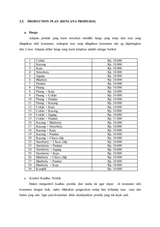 2.5. PRODUCTION PLAN (RENCANA PRODUKSI)
a. Harga
Adapun produk yang kami tawarkan memiliki harga yang tetap dari rasa yang
diinginkan oleh konsumen, walaupun rasa yang diinginkan konsumen ada yg digabungkan
dari 2 rasa. Adapun daftar harga yang kami tetapkan adalah sebagai berikut:
1 Coklat Rp. 10.000
2 Kacang Rp. 10.000
3 Keju Rp. 10.000
4 Strawbery Rp. 10.000
5 Jagung Rp. 10.000
6 Bluebery Rp. 10.000
7 Pandan Rp. 10.000
8 Pisang Rp. 10.000
8 Pisang + Keju Rp. 10.000
9 Pisang + Coklat Rp. 10.000
10 Pisang + Pandan Rp. 10.000
11 Pisang + Kacang Rp. 10.000
12 Coklat + Keju Rp. 10.000
13 Coklat + Kacang Rp. 10.000
14 Coklat + Jagung Rp. 10.000
15 Coklat + Pandan Rp. 11.000
16 Kacang + Blueberry Rp. 10.000
17 Kacang + Strawbery Rp. 10.000
18 Kacang + Keju Rp. 10.000
19 Kacang + Pandan Rp. 10.000
20 Kacang + Choco chip Rp. 10.000
22 Stawberry + Choco chip Rp. 10.000
23 Stawberry + Pandan Rp. 10.000
24 Stawberry + Jagung Rp. 10.000
25 Stawberry + Keju Rp. 10.000
26 Blueberry + Choco chip Rp. 10.000
27 Blueberry + Pandan Rp. 10.000
28 Blueberry + Keju Rp. 10.000
29 Komplit Rp. 10.000
a. Kontrol Kualitas Produk
Dalam mengontrol kualitas produk dari usaha ini agar dapat di konsumsi oleh
konsumen dengan baik, maka dilakukan pengecekan setiap hari terhadap rasa –rasa dan
bahan yang ada. Agar para konsumen tidak mendapatkan produk yang tak layak jual.
 