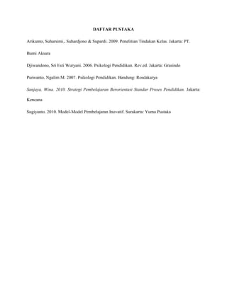 DAFTAR PUSTAKA
Arikunto, Suharsimi., Suhardjono & Supardi. 2009. Penelitian Tindakan Kelas. Jakarta: PT.
Bumi Aksara
Djiwandono, Sri Esti Wuryani. 2006. Psikologi Pendidikan. Rev.ed. Jakarta: Grasindo
Purwanto, Ngalim M. 2007. Psikologi Pendidikan. Bandung: Rosdakarya
Sanjaya, Wina. 2010. Strategi Pembelajaran Berorientasi Standar Proses Pendidikan. Jakarta:
Kencana
Sugiyanto. 2010. Model-Model Pembelajaran Inovatif. Surakarta: Yuma Pustaka
 