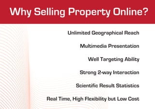 Why Selling Property We Are
               Who Online?
                Unlimited Geographical Reach

                     Multimedia Presentation

                        Well Targeting Ability

                     Strong 2-way Interaction

                   Scientific Result Statistics

       Real Time, High Flexibility but Low Cost
 