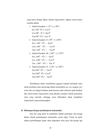 10
yang harus diingat dalam sebuah trigonometri, adapun rumus-rumus
tersebut adalah:
1. Sudut di kuadran I ( 00
≤ x ≤ 900
)
Sin (900
–θ0
) = Cos θ0
Cos (900
– θ0
) = Sin θ0
Tan (900
– θ0
) = Cot θ0
2. Sudut di kuadran II ( 900
< x ≤1800
)
Sin ( 1800
– θ0
) = Sin θ0
Cos ( 1800
– θ0
) = – Cos θ0
Tan ( 1800
– θ0
) = – Tan θ0
3. Sudut di kuadran III ( 1800
< x ≤ 2700
)
Sin (1800
+ θ0
) = – Sin θ0
Cos (1800
+ θ0
) = – Cos θ0
Tan (1800
+ θ0
) = Tan θ0
4. Sudut di kuadran IV ( 2700
< x≤ 3600
)
Sin (3600
– θ0
) = – Sin θ0
Cos (3600
– θ0
) = Cos θ0
Tan (3600
– θ0
) = – Tan θ0
Pembahasan diatas memberikan gagasan kepada kelompok kami
untuk membuat suatu alat peraga dalam menentukan sin, cos, tangent, sec,
cosec dan cot dengan berdasar pada konsep sudut istimewa pada kuadran
dan rumus-rumus trigonometri yang dikemas menjadi sebuah permainan
catur yang menarik, sehingga siswa diharapkan dapat mendalami
trigonometri yang menyenangkan.
B. Hubungan dengan pembelajaran matematika
Satu hal yang perlu di perhatikan adalah penerapan alat peraga
dalam sebuah pembelajaran matematika secara tepat. Untuk itu perlu
adanya pertimbangan kapan akan digunakan serta jenis alat peraga apa
 