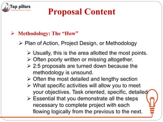 Proposal Content
 Methodology: The “How”
 Plan of Action, Project Design, or Methodology
 Usually, this is the area allotted the most points.
 Often poorly written or missing altogether.
 2:5 proposals are turned down because the
methodology is unsound.
 Often the most detailed and lengthy section
 What specific activities will allow you to meet
your objectives. Task oriented, specific, detailed
 Essential that you demonstrate all the steps
necessary to complete project with each
flowing logically from the previous to the next.
 