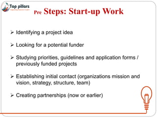 Pre Steps: Start-up Work
 Identifying a project idea
 Looking for a potential funder
 Studying priorities, guidelines and application forms /
previously funded projects
 Establishing initial contact (organizations mission and
vision, strategy, structure, team)
 Creating partnerships (now or earlier)
 