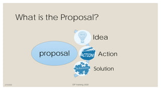 What is the Proposal?
proposal
Idea
Action
Solution
2/3/2020 STP Training 2020
 