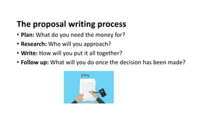 The proposal writing process
• Plan: What do you need the money for?
• Research: Who will you approach?
• Write: How will you put it all together?
• Follow up: What will you do once the decision has been made?
 