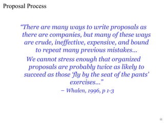 “There are many ways to write proposals as
there are companies, but many of these ways
are crude, ineffective, expensive, and bound
to repeat many previous mistakes…
We cannot stress enough that organized
proposals are probably twice as likely to
succeed as those ‘fly by the seat of the pants’
exercises…”
– Whalen, 1996, p 1-3
Proposal Process
11
 
