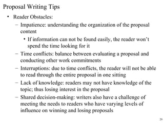 Proposal Writing Tips
• Reader Obstacles:
– Impatience: understanding the organization of the proposal
content
• If information can not be found easily, the reader won’t
spend the time looking for it
– Time conflicts: balance between evaluating a proposal and
conducting other work commitments
– Interruptions: due to time conflicts, the reader will not be able
to read through the entire proposal in one sitting
– Lack of knowledge: readers may not have knowledge of the
topic; thus losing interest in the proposal
– Shared decision-making: writers also have a challenge of
meeting the needs to readers who have varying levels of
influence on winning and losing proposals
29
 