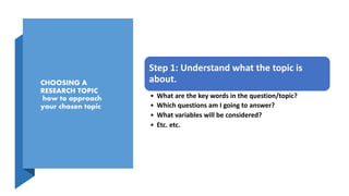 CHOOSING A
RESEARCH TOPIC
how to approach
your chosen topic
Step 1: Understand what the topic is
about.
• What are the key words in the question/topic?
• Which questions am I going to answer?
• What variables will be considered?
• Etc. etc.
 
