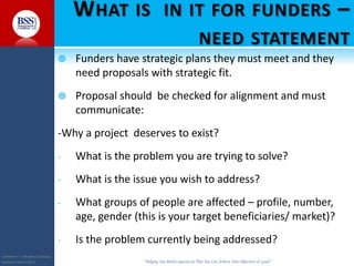 COPYRIGHT© TO BUSINESS SERVICES
SUPPORT LIMITED 2011 “Helping You Build Capacity So That You Can Achieve Your Objectives & Goals”
WHAT IS IN IT FOR FUNDERS –
NEED STATEMENT
 Funders have strategic plans they must meet and they
need proposals with strategic fit.
 Proposal should be checked for alignment and must
communicate:
-Why a project deserves to exist?
- What is the problem you are trying to solve?
- What is the issue you wish to address?
- What groups of people are affected – profile, number,
age, gender (this is your target beneficiaries/ market)?
- Is the problem currently being addressed?
 