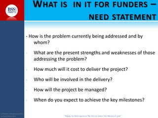 COPYRIGHT© TO BUSINESS SERVICES
SUPPORT LIMITED 2011 “Helping You Build Capacity So That You Can Achieve Your Objectives & Goals”
WHAT IS IN IT FOR FUNDERS –
NEED STATEMENT
- How is the problem currently being addressed and by
whom?
- What are the present strengths and weaknesses of those
addressing the problem?
- How much will it cost to deliver the project?
- Who will be involved in the delivery?
- How will the project be managed?
- When do you expect to achieve the key milestones?
 