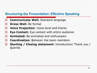 XP
32
Structuring the Presentation: Effective Speaking
 Communicate Well: Standard language
 Dress Well: Be formal
 Voice Projection: Voice level and Clarity
 Eye Contact: Eye contact with entire audience
 Animated: Be animated and enthusiastic
 Coordination: Between the team members
 Starting / Closing statement: Introduction/ Thank you /
Queries
 