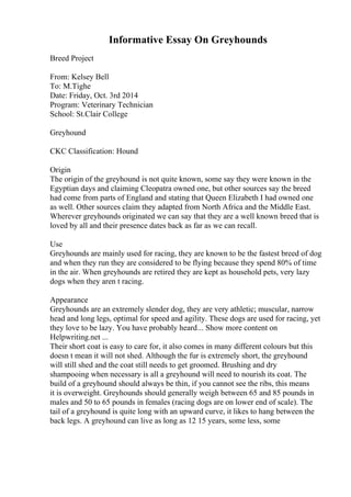 Informative Essay On Greyhounds
Breed Project
From: Kelsey Bell
To: M.Tighe
Date: Friday, Oct. 3rd 2014
Program: Veterinary Technician
School: St.Clair College
Greyhound
CKC Classification: Hound
Origin
The origin of the greyhound is not quite known, some say they were known in the
Egyptian days and claiming Cleopatra owned one, but other sources say the breed
had come from parts of England and stating that Queen Elizabeth I had owned one
as well. Other sources claim they adapted from North Africa and the Middle East.
Wherever greyhounds originated we can say that they are a well known breed that is
loved by all and their presence dates back as far as we can recall.
Use
Greyhounds are mainly used for racing, they are known to be the fastest breed of dog
and when they run they are considered to be flying because they spend 80% of time
in the air. When greyhounds are retired they are kept as household pets, very lazy
dogs when they aren t racing.
Appearance
Greyhounds are an extremely slender dog, they are very athletic; muscular, narrow
head and long legs, optimal for speed and agility. These dogs are used for racing, yet
they love to be lazy. You have probably heard... Show more content on
Helpwriting.net ...
Their short coat is easy to care for, it also comes in many different colours but this
doesn t mean it will not shed. Although the fur is extremely short, the greyhound
will still shed and the coat still needs to get groomed. Brushing and dry
shampooing when necessary is all a greyhound will need to nourish its coat. The
build of a greyhound should always be thin, if you cannot see the ribs, this means
it is overweight. Greyhounds should generally weigh between 65 and 85 pounds in
males and 50 to 65 pounds in females (racing dogs are on lower end of scale). The
tail of a greyhound is quite long with an upward curve, it likes to hang between the
back legs. A greyhound can live as long as 12 15 years, some less, some
 