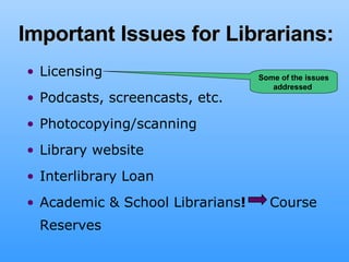 Important Issues for Librarians: Licensing  Podcasts, screencasts, etc. Photocopying/scanning Library website Interlibrary Loan Academic & School Librarians !   Course Reserves  Some of the issues addressed  