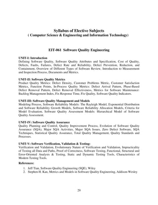 Syllabus of Elective Subjects
( Computer Science & Engineering and Information Technology)

EIT-061 Software Quality Engineering
UNIT-I: Introduction
Defining Software Quality, Software Quality Attributes and Specification, Cost of Quality,
Defects, Faults, Failures, Defect Rate and Reliability, Defect Prevention, Reduction, and
Containment, Overview of Different Types of Software Review, Introduction to Measurement
and Inspection Process, Documents and Metrics.
UNIT-II: Software Quality Metrics
Product Quality Metrics: Defect Density, Customer Problems Metric, Customer Satisfaction
Metrics, Function Points, In-Process Quality Metrics: Defect Arrival Pattern, Phase-Based
Defect Removal Pattern, Defect Removal Effectiveness, Metrics for Software Maintenance:
Backlog Management Index, Fix Response Time, Fix Quality, Software Quality Indicators.
UNIT-III: Software Quality Management and Models
Modeling Process, Software Reliability Models: The Rayleigh Model, Exponential Distribution
and Software Reliability Growth Models, Software Reliability Allocation Models, Criteria for
Model Evaluation, Software Quality Assessment Models: Hierarchical Model of Software
Quality Assessment.
UNIT-IV: Software Quality Assurance
Quality Planning and Control, Quality Improvement Process, Evolution of Software Quality
Assurance (SQA), Major SQA Activities, Major SQA Issues, Zero Defect Software, SQA
Techniques, Statistical Quality Assurance, Total Quality Management, Quality Standards and
Processes.
UNIT-V: Software Verification, Validation & Testing:
Verification and Validation, Evolutionary Nature of Verification and Validation, Impracticality
of Testing all Data and Paths, Proof of Correctness, Software Testing, Functional, Structural and
Error-Oriented Analysis & Testing, Static and Dynamic Testing Tools, Characteristics of
Modern Testing Tools.
References:
1. Jeff Tian, Software Quality Engineering (SQE), Wiley
2. Stephen H. Kan, Metrics and Models in Software Quality Engineering, Addison-Wesley

29

 