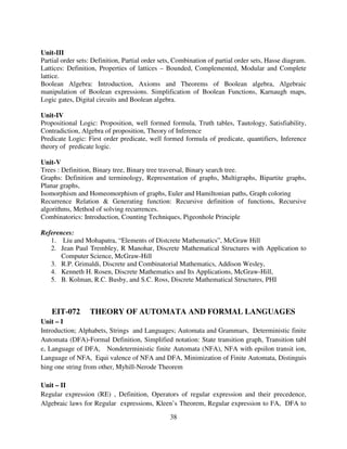 Unit-III
Partial order sets: Definition, Partial order sets, Combination of partial order sets, Hasse diagram.
Lattices: Definition, Properties of lattices – Bounded, Complemented, Modular and Complete
lattice.
Boolean Algebra: Introduction, Axioms and Theorems of Boolean algebra, Algebraic
manipulation of Boolean expressions. Simplification of Boolean Functions, Karnaugh maps,
Logic gates, Digital circuits and Boolean algebra.
Unit-IV
Propositional Logic: Proposition, well formed formula, Truth tables, Tautology, Satisfiability,
Contradiction, Algebra of proposition, Theory of Inference
Predicate Logic: First order predicate, well formed formula of predicate, quantifiers, Inference
theory of predicate logic.
Unit-V
Trees : Definition, Binary tree, Binary tree traversal, Binary search tree.
Graphs: Definition and terminology, Representation of graphs, Multigraphs, Bipartite graphs,
Planar graphs,
Isomorphism and Homeomorphism of graphs, Euler and Hamiltonian paths, Graph coloring
Recurrence Relation & Generating function: Recursive definition of functions, Recursive
algorithms, Method of solving recurrences.
Combinatorics: Introduction, Counting Techniques, Pigeonhole Principle
References:
1. Liu and Mohapatra, “Elements of Distcrete Mathematics”, McGraw Hill
2. Jean Paul Trembley, R Manohar, Discrete Mathematical Structures with Application to
Computer Science, McGraw-Hill
3. R.P. Grimaldi, Discrete and Combinatorial Mathematics, Addison Wesley,
4. Kenneth H. Rosen, Discrete Mathematics and Its Applications, McGraw-Hill,
5. B. Kolman, R.C. Busby, and S.C. Ross, Discrete Mathematical Structures, PHI

EIT-072

THEORY OF AUTOMATA AND FORMAL LANGUAGES

Unit – I
Introduction; Alphabets, Strings and Languages; Automata and Grammars, Deterministic finite
Automata (DFA)-Formal Definition, Simplified notation: State transition graph, Transition tabl
e, Language of DFA, Nondeterministic finite Automata (NFA), NFA with epsilon transit ion,
Language of NFA, Equi valence of NFA and DFA, Minimization of Finite Automata, Distinguis
hing one string from other, Myhill-Nerode Theorem
Unit – II
Regular expression (RE) , Definition, Operators of regular expression and their precedence,
Algebraic laws for Regular expressions, Kleen’s Theorem, Regular expression to FA, DFA to
38

 