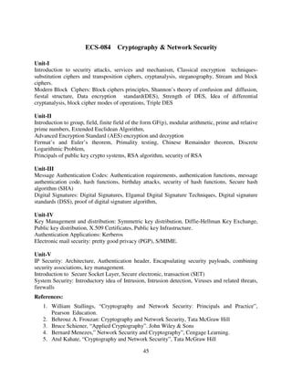 ECS-084 Cryptography & Network Security
Unit-I
Introduction to security attacks, services and mechanism, Classical encryption techniquessubstitution ciphers and transposition ciphers, cryptanalysis, steganography, Stream and block
ciphers.
Modern Block Ciphers: Block ciphers principles, Shannon’s theory of confusion and diffusion,
fiestal structure, Data encryption standard(DES), Strength of DES, Idea of differential
cryptanalysis, block cipher modes of operations, Triple DES
Unit-II
Introduction to group, field, finite field of the form GF(p), modular arithmetic, prime and relative
prime numbers, Extended Euclidean Algorithm,
Advanced Encryption Standard (AES) encryption and decryption
Fermat’s and Euler’s theorem, Primality testing, Chinese Remainder theorem, Discrete
Logarithmic Problem,
Principals of public key crypto systems, RSA algorithm, security of RSA
Unit-III
Message Authentication Codes: Authentication requirements, authentication functions, message
authentication code, hash functions, birthday attacks, security of hash functions, Secure hash
algorithm (SHA)
Digital Signatures: Digital Signatures, Elgamal Digital Signature Techniques, Digital signature
standards (DSS), proof of digital signature algorithm,
Unit-IV
Key Management and distribution: Symmetric key distribution, Diffie-Hellman Key Exchange,
Public key distribution, X.509 Certificates, Public key Infrastructure.
Authentication Applications: Kerberos
Electronic mail security: pretty good privacy (PGP), S/MIME.
Unit-V
IP Security: Architecture, Authentication header, Encapsulating security payloads, combining
security associations, key management.
Introduction to Secure Socket Layer, Secure electronic, transaction (SET)
System Security: Introductory idea of Intrusion, Intrusion detection, Viruses and related threats,
firewalls
References:
1. William Stallings, “Cryptography and Network Security: Principals and Practice”,
Pearson Education.
2. Behrouz A. Frouzan: Cryptography and Network Security, Tata McGraw Hill
3. Bruce Schiener, “Applied Cryptography”. John Wiley & Sons
4. Bernard Menezes,” Network Security and Cryptography”, Cengage Learning.
5. Atul Kahate, “Cryptography and Network Security”, Tata McGraw Hill
45

 