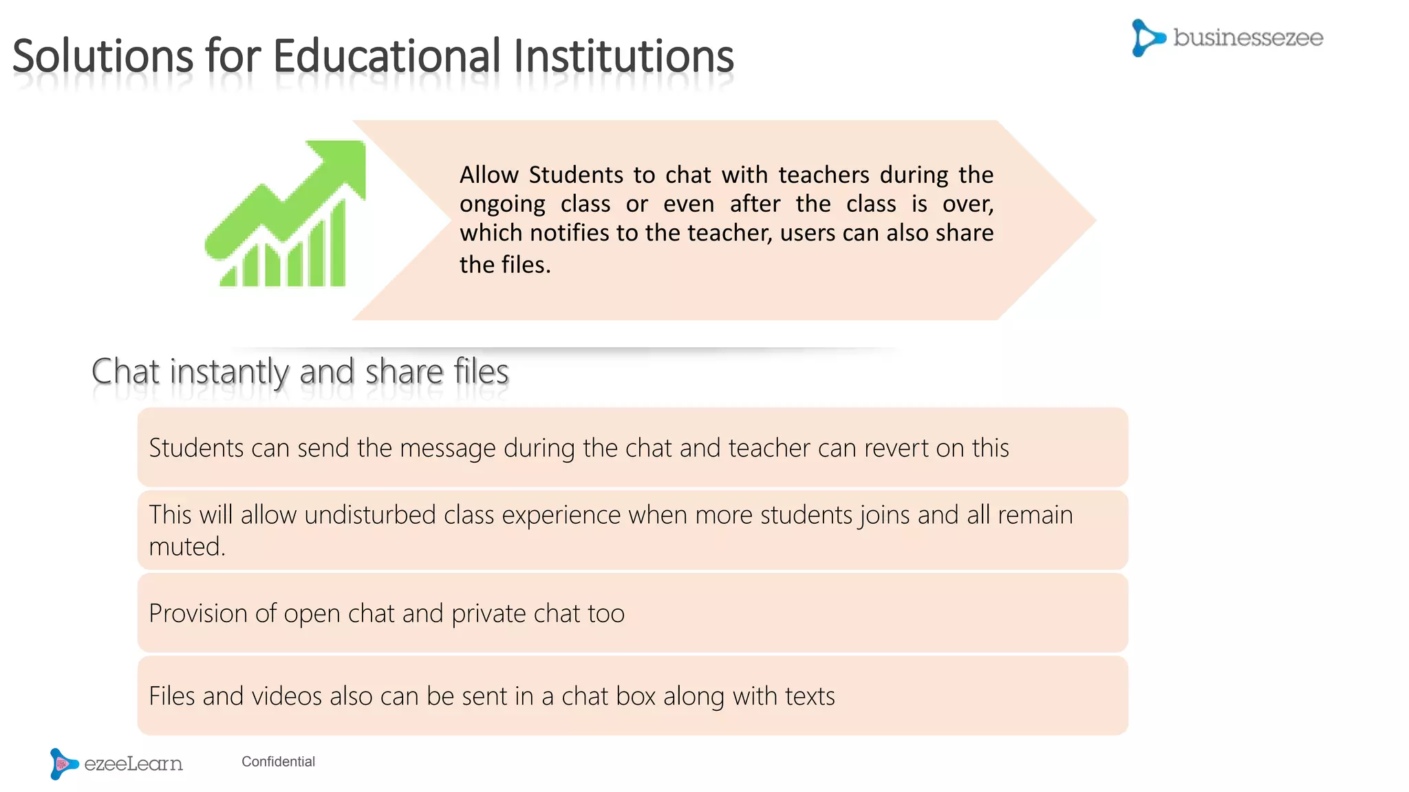 Confidential
Allow Students to chat with teachers during the
ongoing class or even after the class is over,
which notifies to the teacher, users can also share
the files.
Students can send the message during the chat and teacher can revert on this
This will allow undisturbed class experience when more students joins and all remain
muted.
Provision of open chat and private chat too
Files and videos also can be sent in a chat box along with texts
Chat instantly and share files
Solutions for Educational Institutions
 