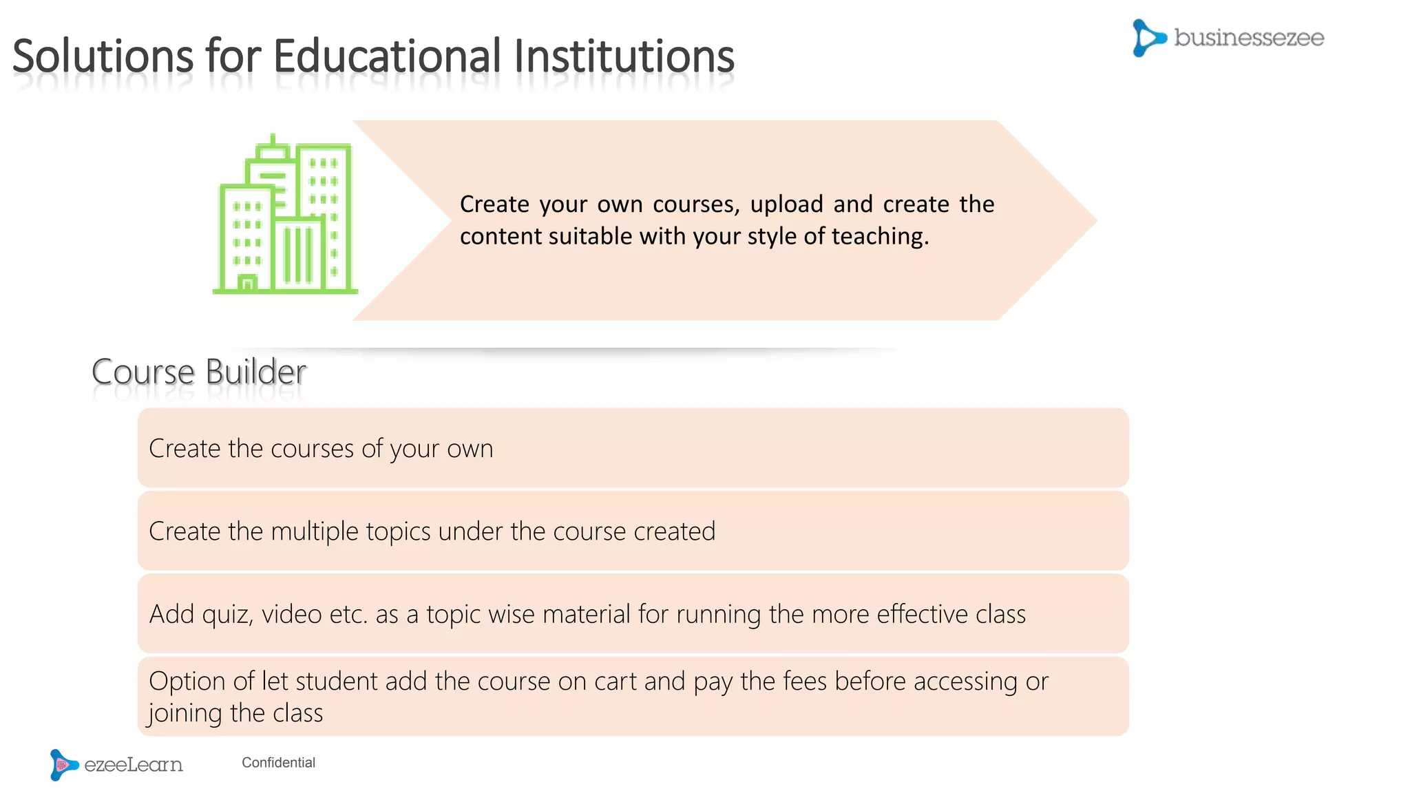 Confidential
Create your own courses, upload and create the
content suitable with your style of teaching.
Create the courses of your own
Create the multiple topics under the course created
Add quiz, video etc. as a topic wise material for running the more effective class
Option of let student add the course on cart and pay the fees before accessing or
joining the class
Course Builder
Solutions for Educational Institutions
 