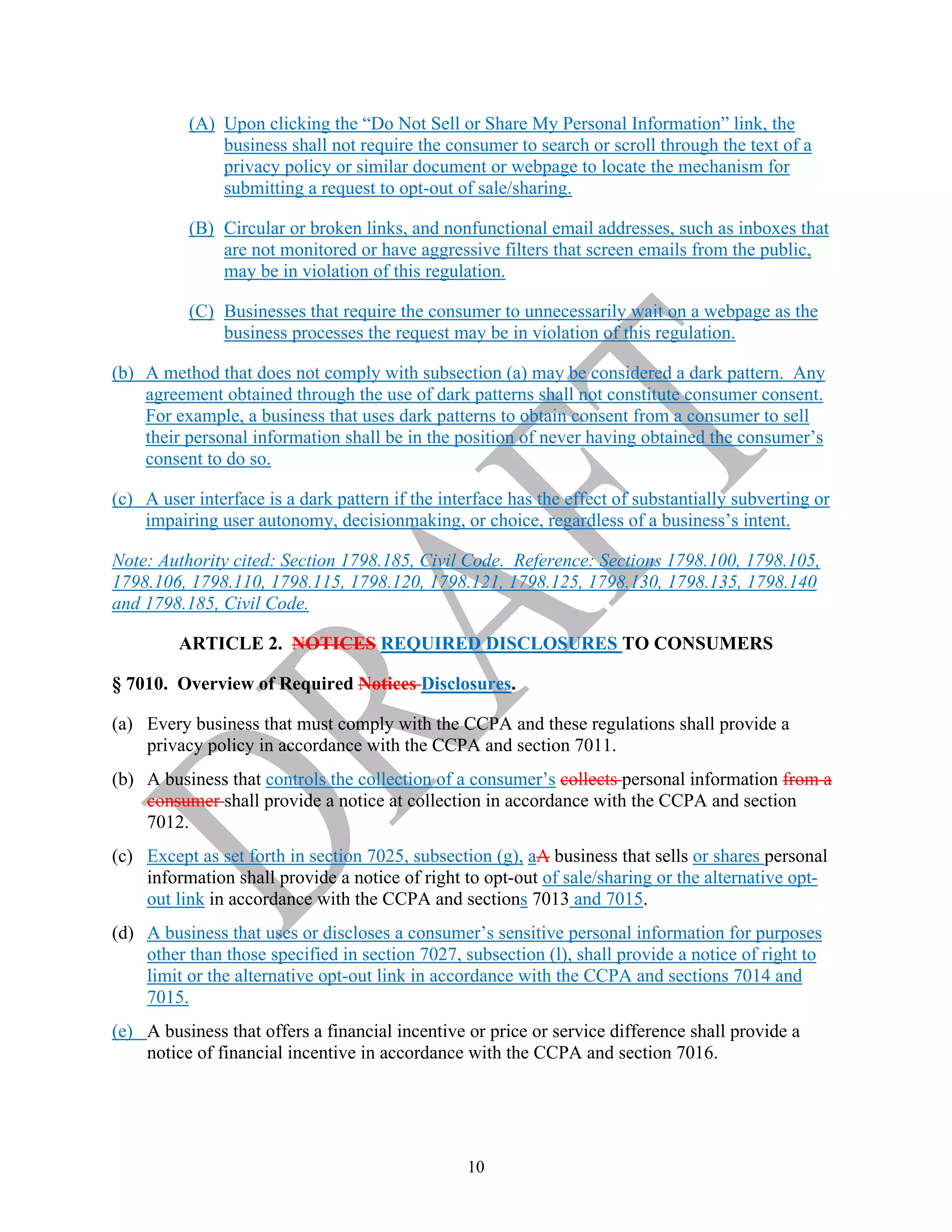 10
(A) Upon clicking the “Do Not Sell or Share My Personal Information” link, the
business shall not require the consumer to search or scroll through the text of a
privacy policy or similar document or webpage to locate the mechanism for
submitting a request to opt-out of sale/sharing.
(B) Circular or broken links, and nonfunctional email addresses, such as inboxes that
are not monitored or have aggressive filters that screen emails from the public,
may be in violation of this regulation.
(C) Businesses that require the consumer to unnecessarily wait on a webpage as the
business processes the request may be in violation of this regulation.
(b) A method that does not comply with subsection (a) may be considered a dark pattern. Any
agreement obtained through the use of dark patterns shall not constitute consumer consent.
For example, a business that uses dark patterns to obtain consent from a consumer to sell
their personal information shall be in the position of never having obtained the consumer’s
consent to do so.
(c) A user interface is a dark pattern if the interface has the effect of substantially subverting or
impairing user autonomy, decisionmaking, or choice, regardless of a business’s intent.
Note: Authority cited: Section 1798.185, Civil Code. Reference: Sections 1798.100, 1798.105,
1798.106, 1798.110, 1798.115, 1798.120, 1798.121, 1798.125, 1798.130, 1798.135, 1798.140
and 1798.185, Civil Code.
ARTICLE 2. NOTICES REQUIRED DISCLOSURES TO CONSUMERS
§ 7010. Overview of Required Notices Disclosures.
(a) Every business that must comply with the CCPA and these regulations shall provide a
privacy policy in accordance with the CCPA and section 7011.
(b) A business that controls the collection of a consumer’s collects personal information from a
consumer shall provide a notice at collection in accordance with the CCPA and section
7012.
(c) Except as set forth in section 7025, subsection (g), aA business that sells or shares personal
information shall provide a notice of right to opt-out of sale/sharing or the alternative opt-
out link in accordance with the CCPA and sections 7013 and 7015.
(d) A business that uses or discloses a consumer’s sensitive personal information for purposes
other than those specified in section 7027, subsection (l), shall provide a notice of right to
limit or the alternative opt-out link in accordance with the CCPA and sections 7014 and
7015.
(e) A business that offers a financial incentive or price or service difference shall provide a
notice of financial incentive in accordance with the CCPA and section 7016.
 