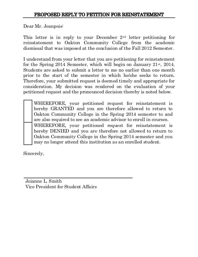 proposed reply for reinstatement reinstatement letter