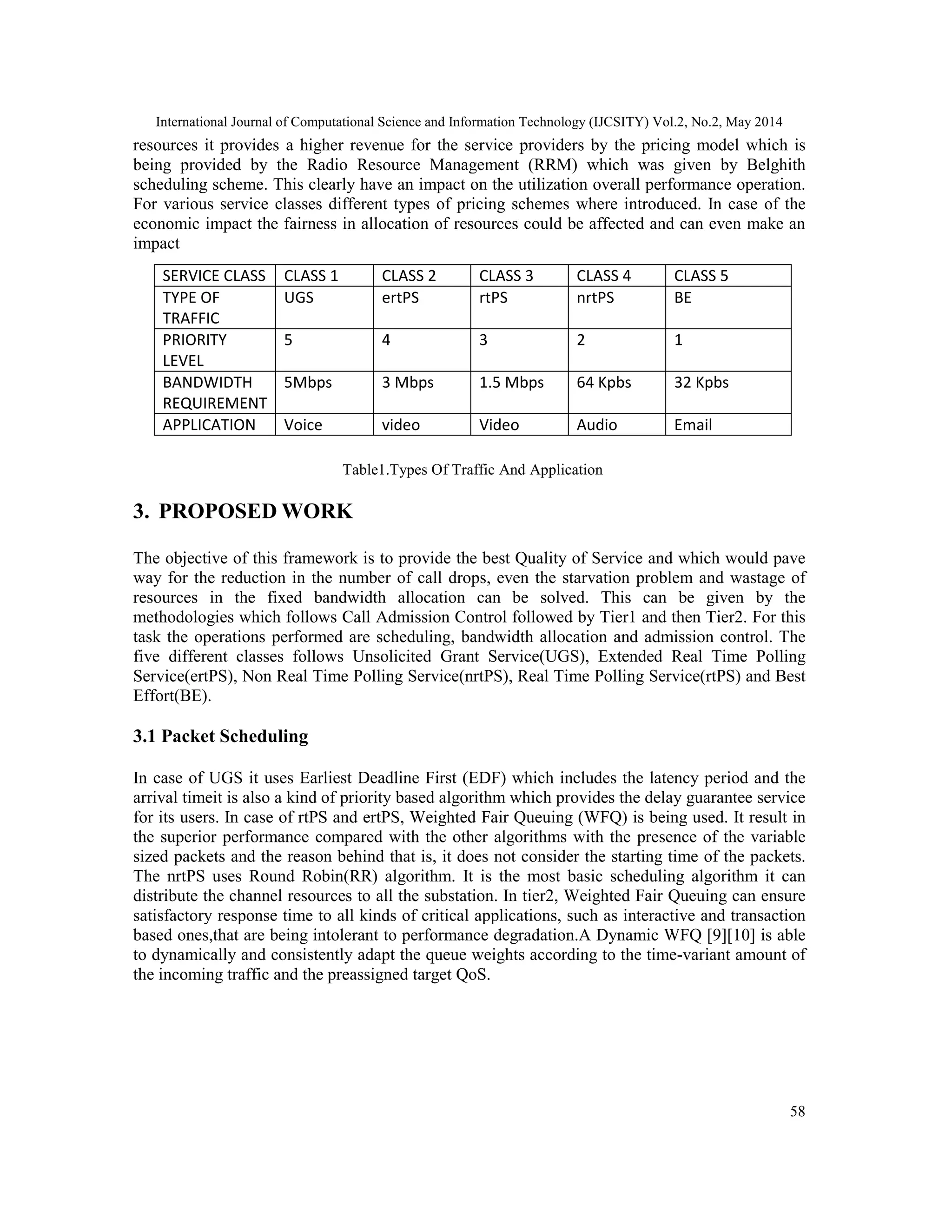 International Journal of Computational Science and Information Technology (IJCSITY) Vol.2, No.2, May 2014
58
resources it provides a higher revenue for the service providers by the pricing model which is
being provided by the Radio Resource Management (RRM) which was given by Belghith
scheduling scheme. This clearly have an impact on the utilization overall performance operation.
For various service classes different types of pricing schemes where introduced. In case of the
economic impact the fairness in allocation of resources could be affected and can even make an
impact
Table1.Types Of Traffic And Application
3. PROPOSED WORK
The objective of this framework is to provide the best Quality of Service and which would pave
way for the reduction in the number of call drops, even the starvation problem and wastage of
resources in the fixed bandwidth allocation can be solved. This can be given by the
methodologies which follows Call Admission Control followed by Tier1 and then Tier2. For this
task the operations performed are scheduling, bandwidth allocation and admission control. The
five different classes follows Unsolicited Grant Service(UGS), Extended Real Time Polling
Service(ertPS), Non Real Time Polling Service(nrtPS), Real Time Polling Service(rtPS) and Best
Effort(BE).
3.1 Packet Scheduling
In case of UGS it uses Earliest Deadline First (EDF) which includes the latency period and the
arrival timeit is also a kind of priority based algorithm which provides the delay guarantee service
for its users. In case of rtPS and ertPS, Weighted Fair Queuing (WFQ) is being used. It result in
the superior performance compared with the other algorithms with the presence of the variable
sized packets and the reason behind that is, it does not consider the starting time of the packets.
The nrtPS uses Round Robin(RR) algorithm. It is the most basic scheduling algorithm it can
distribute the channel resources to all the substation. In tier2, Weighted Fair Queuing can ensure
satisfactory response time to all kinds of critical applications, such as interactive and transaction
based ones,that are being intolerant to performance degradation.A Dynamic WFQ [9][10] is able
to dynamically and consistently adapt the queue weights according to the time-variant amount of
the incoming traffic and the preassigned target QoS.
SERVICE CLASS CLASS 1 CLASS 2 CLASS 3 CLASS 4 CLASS 5
TYPE OF
TRAFFIC
UGS ertPS rtPS nrtPS BE
PRIORITY
LEVEL
5 4 3 2 1
BANDWIDTH
REQUIREMENT
5Mbps 3 Mbps 1.5 Mbps 64 Kpbs 32 Kpbs
APPLICATION Voice video Video Audio Email
 