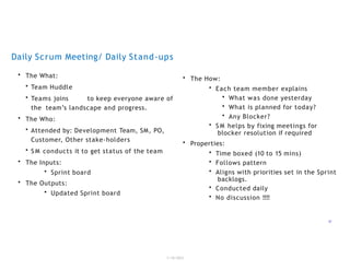 Daily Scrum Meeting/ Daily Stand-ups
1/18/2023
17
• The What:
• Team Huddle
• Teams joins to keep everyone aware of
the team’s landscape and progress.
• The Who:
• Attended by: Development Team, SM, PO,
Customer, Other stake-holders
• S M conducts it to get status of the team
• The Inputs:
• Sprint board
• The Outputs:
• Updated Sprint board
• The How:
• Each team member explains
• What was done yesterday
• What is planned for today?
• Any Blocker?
• S M helps by fixing meetings for
blocker resolution if required
• Properties:
• Time boxed (10 to 15 mins)
• Follows pattern
• Aligns with priorities set in the Sprint
backlogs.
• Conducted daily
• No discussion !!!!
 
