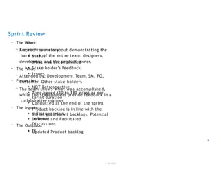 Sprint Review
• The How:
• For each user story
• Status
• What was accomplished
• Stake holder’s feedback
• Issues
• Properties:
• NOT Retrospective
• Time boxed (30 to 180 mins) as per
sprint duration
• Conducted at the end of the sprint
• Product backlog is in line with the
milestone goals.
• Directed and Facilitated
Discussions
• !!!
1/18/2023
18
• The What:
• A sprint review is about demonstrating the
hard work of the entire team: designers,
developers, and the product owner.
• The Who:
• Attended by: Development Team, SM, PO,
Customer, Other stake-holders
• The team shows what was accomplished,
while the stakeholders provide feedback in a
collaborative manner
• The Inputs:
• Sprint goal/Sprint backlogs, Potential
release
• The Outputs:
• Updated Product backlog
 