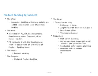 Product Backlog Refinement
1/18/2023 20
• Updated Product backlog
• The What:
• In product backlog refinement details are
added to each user story of product
backlog.
• The Who:
• Attended by: PO, SM, Lead engineers,
Development team, Customer, Other
stake- holders
• PO conducts it with the Development
Team to collaborate on the details of
Product Backlog items.
• The Inputs:
• Product backlog
• The Outputs:
• The How:
• For each user story
• Estimates is done.
• Alignment with milestones is done
• Details are added
• Timeboxing is done
• Properties:
• NOT Sprint planning
• Not strictly Time boxed (30 to 180
mins) as per sprint duration
• Conducted before sprint planning
• Directed and Facilitated
Discussions
!!!
 