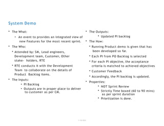 System Demo
1/18/2023
• The What:
• An event to provides an integrated view of
new Features for the most recent sprint.
• The Who:
• Attended by: SM, Lead engineers,
Development team, Customer, Other
stake- holders, RTE
• RTE conducts it with the Development
Team to collaborate on the details of
Product Backlog items.
• The Inputs:
• PI Backlog
• Outputs are in proper place to deliver
to customer as per CM.
• The Outputs:
• Updated PI backlog
• The How:
• Running Product demo is given that has
been developed so far.
• Each PI from PO Backlog is selected
• For each PI objective, the acceptance
criteria is matched to achieved objectives
• Customer Feedback
• Accordingly, the PI backlog is updated.
• Properties:
• NOT Sprint Review
• Strictly Time boxed (60 to 90 mins)
as per sprint duration
• Priortization is done.
 